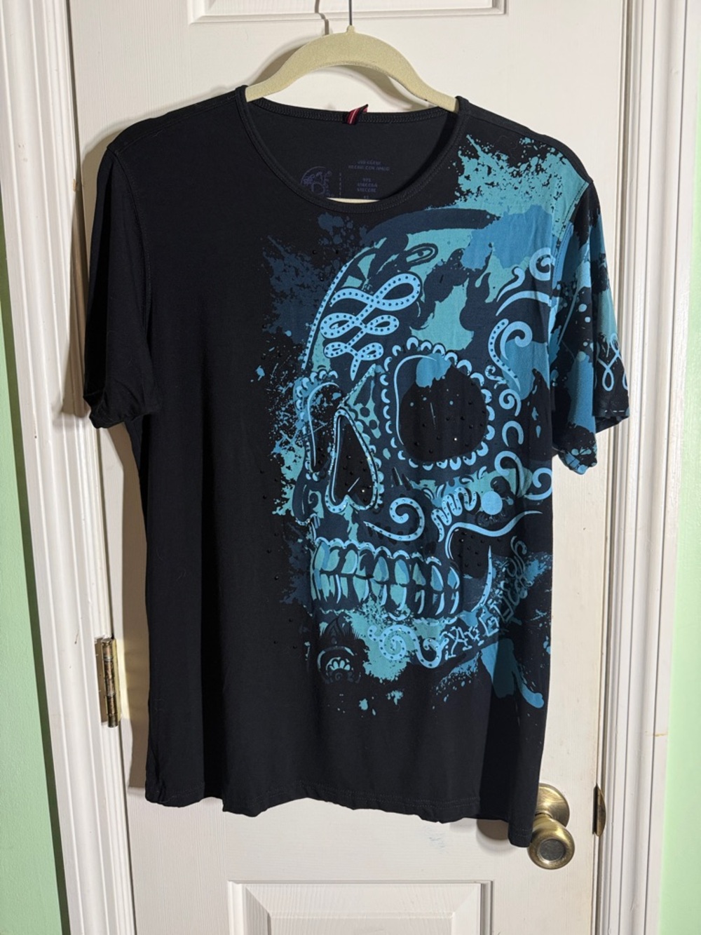 Ay Güey Black with Blue Rhinestone Skull Graphic T Shirt Size Medium Mexico